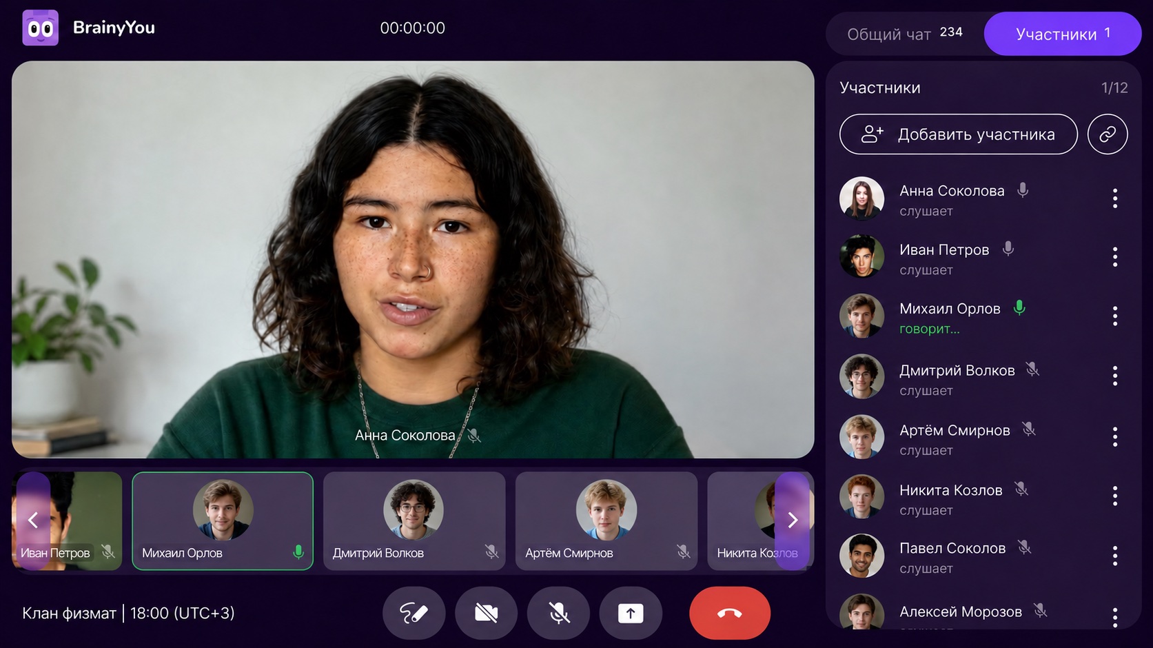 Онлайн-занятие в BrainyYou: преподаватель, список участников и панель управления звонком